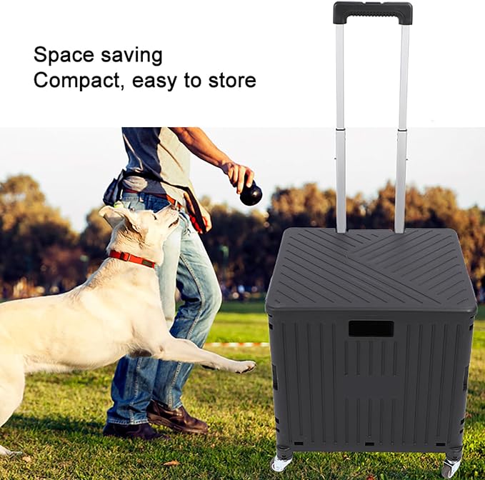 Folding Utility Cart, Portable Rolling Crate Handcart with Telescoping Handle, Large Capacity Storage Cart for Outdoor Shopping Travel, 15.75in x 14.17in x 39.37in (Black)