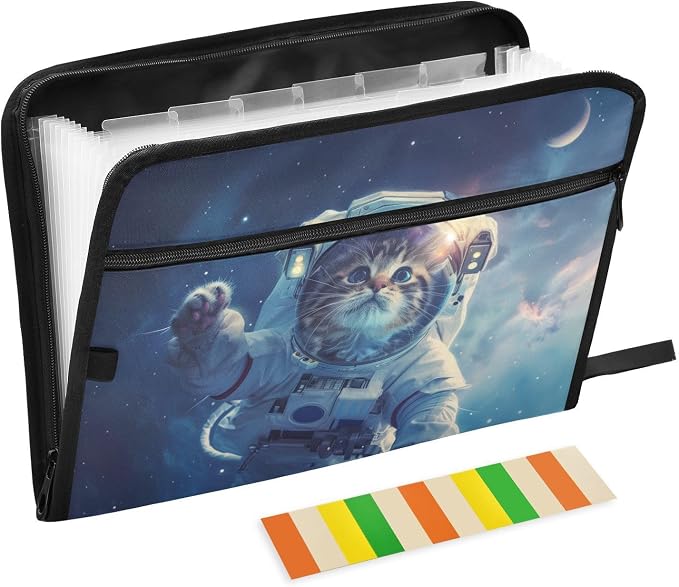 13 Pocket Zipper Expanding File Folder A4 Space Cat | Accordion File Organizer with Front Pouch A4 Letter Size Portable Folders for Documents Receipt School Office Supplies