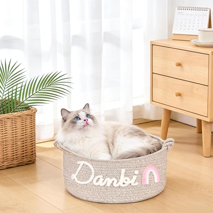 Personalized Dog Cat Toy Basket w/ Embroidery Name, Puppy Storage Bins | Customized Kitten Cute Handmade Cotton Rope Organizer for Snacks, Pet Supplies, Easter Birthday Gifts Basket for Pets