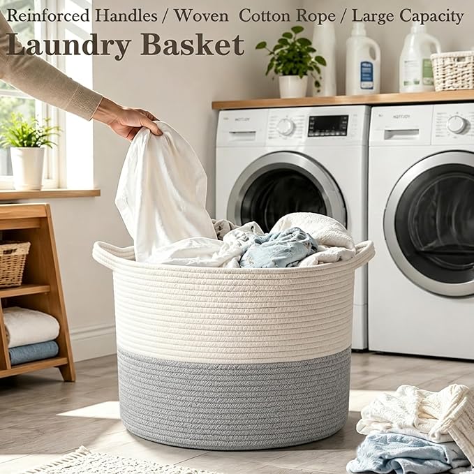 115L Extra Large Blanket Basket, Woven Laundry Basket-White&Grey | Collapsible, reinforced handles, nursery storage bin organizes clothes, toys and pillows for living room, bedroom bathroom