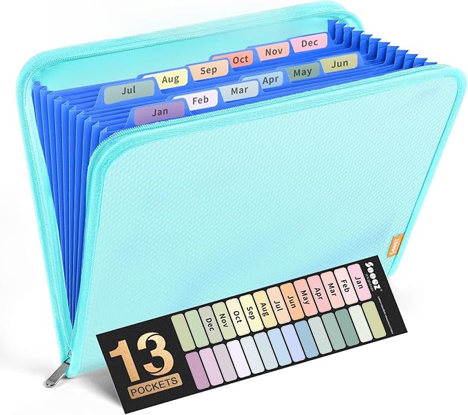 Sooez 13 Pocket Accordion File Organizer, Zipper Expanding File Folder A4 | Reinforced Plastic Accordion Folder Organizer, A4 Letter Size, Portable Folders for Documents, School Office Supplies SkyBlue