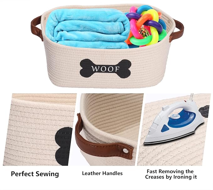 Morezi Cotton rope dog toy basket with handle, large dog bin, puppy kitty bed, dog toy basket - Perfect for carry pet toys, blankets, leashes, chew toys, diapers - Beige