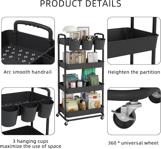 4-Tier Plastic Rolling Storage Cart Utility Cart with Extra Hanging Cups Handles Lockable Wheels for Living Room Bathroom Kitchen Office Black | Utility Cart with Extra Hanging Cups Arc-Shaped Handles Lockable Wheels for Living Room Bathroom Kitchen Of...