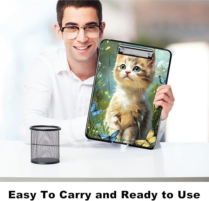 Heavy Duty Storage Clipboard, Slim Nursing Clipboard with Internal Pen Case, Portable File Organizer Case for A4 Letter Size Paper Office Medical Professionals, Lawn Cat Butterfly