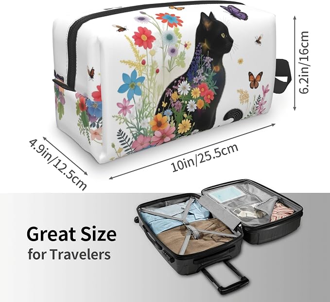 Floral Cat Silhouette Makeup Bag - Durable 600D Oxford Fabric Travel Cosmetic Bag, Shockproof Foam Padded Toiletry Organizer for Gym & Daily Use 10x6.2x4.9 Inch