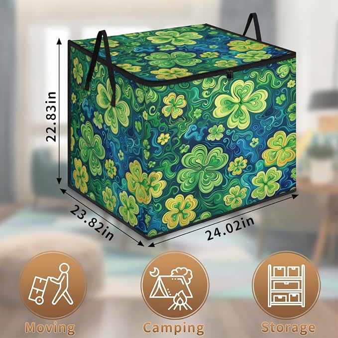 St Patricks Day Large Storage Bags, Fabric Bed Storage Containers, Foldable Closet Organizers for Blanket, Clothing, Comforter, Bedding, Lucky Clover Shamrock