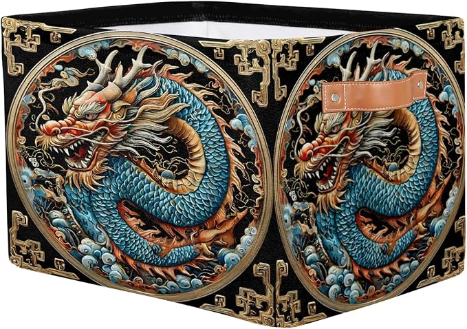 Pardick Dragon Basket Storage Bins Rectangle Canvas Basket Cube Storage Box | Nursery Foldable Basket with Handle for Kids Girls Boys Toys Living Room Closet Organizer Shelf Gifts Blue Gold