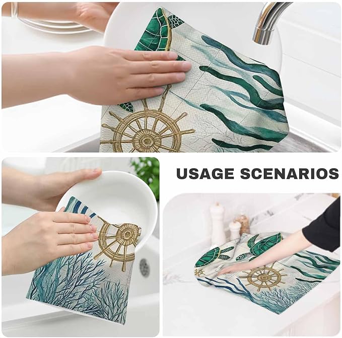 Sea Turtle 2Pcs Kitchen Towels Ocean Turtles Starfish Map Vintage Sea Horse Coral 16X24 Inch Ultra Soft Tea Towel Super Absorbent Terry Dish Towels for Kitchen Linens