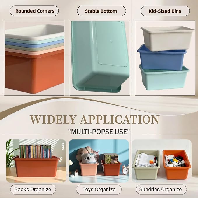 6 Pack Small Cubby Bins, Plastic Storage Containers for Classroom, Boho | Multi-Purpose Stackable Bin Organizer Storage Cubbies for Home, Playroom and Library, Shelf Bins, Book Bins
