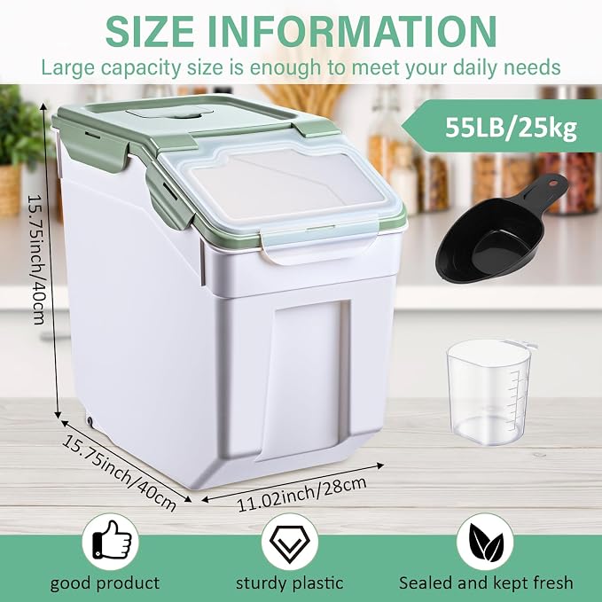 Sunnyray 4 Pcs 55 lbs Grain Rice Storage Container Flour Bin with Wheels Cup Leak Proof Pet Food Storage Boxes Seal Locking Lid Plastic Rice Containers Set for Cereal Flour Cat Dog Food (Green)