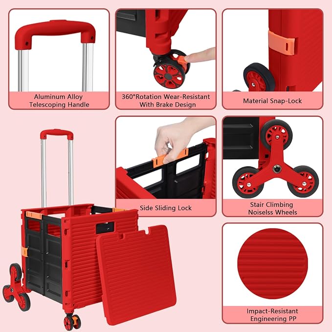 FELICON SELORSS Folding Utility Climber Cart Portable Rolling Crate-Red | Stair Climbing Wheels+360°Swivel Wheels,Telescoping Handle,Plastic Box Dolly for Travel Shop Move Laundry Office Teacher Use