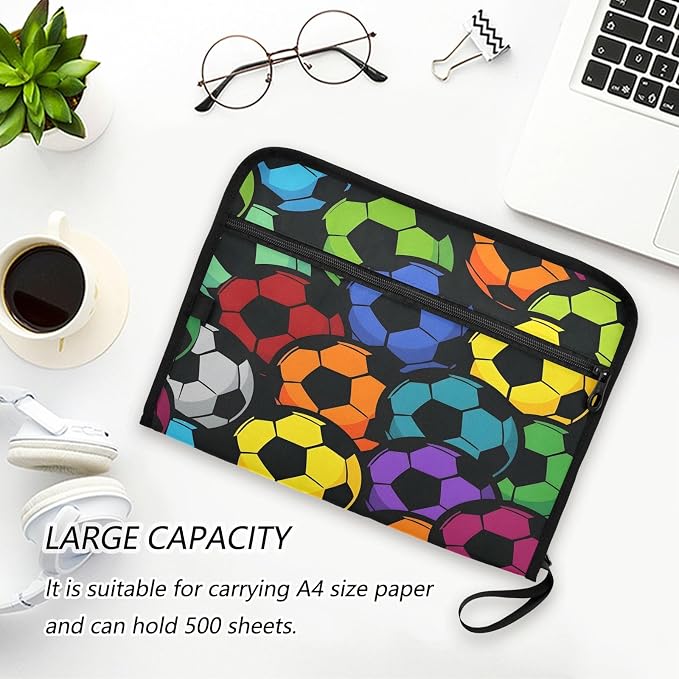 Colorful Soccer Ball Pattern 13 Pocket File Organizer Expanding File Folder with Front Pouch Portable Business File Storage Document Organizer Folder with Zipper