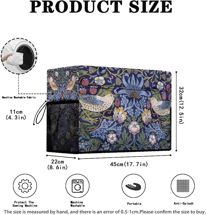 William Morris Strawberry Thief Sewing Machine Cover: Dust - Resistant, Mesh Storage Pockets, Fits Most Standard Machines,17.7 x 8.6 x 12.5 inches(Blue)