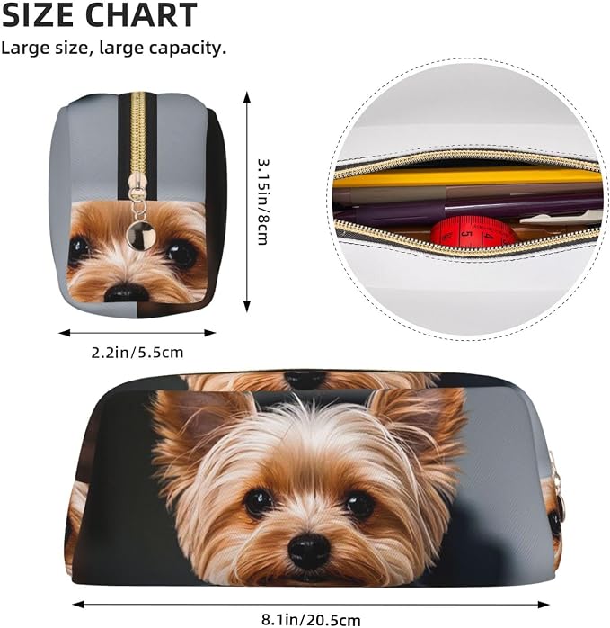 PU Leather Pencil Case Cosmetic Pencil Bags Makeup Pouch with Zipper | Cute Pet Yorkie Pen Pouch Portable Cosmetic Organizer Bag For Office Woman Man