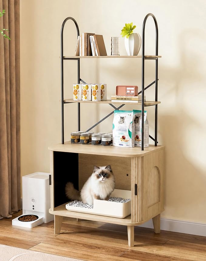 Cat Litter Box Enclosure Furniture,Hidden Litter Box Furniture Fit Most of Litter Boxes,Cat Washroom Cabinet and Pet House with Metal Frame for Living Room, Oak