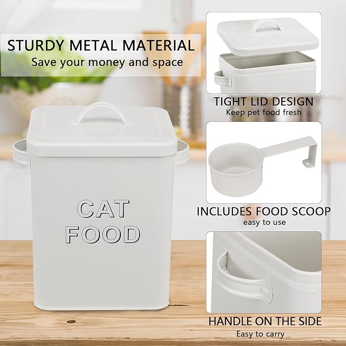 Morezi Metal Cat Food Container with Scoop 5-7 lb, Airtight Pet Food Bin | 25 Cups Cat Kibble Canister with Food Scoop, Sturdy Iron Body, Powder Coated, Airtight Bamboo Lid, Two Side Handle-White