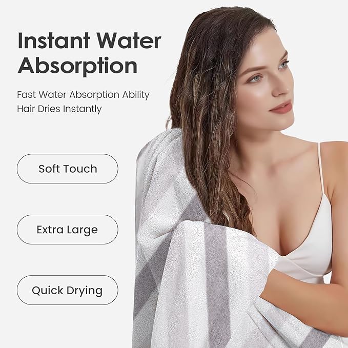 JML Microfiber Bath Towels Set of 2, 30" x 60", Oversized, Soft, Super Absorbent, Fast Drying Large Bath Towel Perfect for Hair Wrap, Sport, Fitness, Yoga, Cabana Stripe Grey
