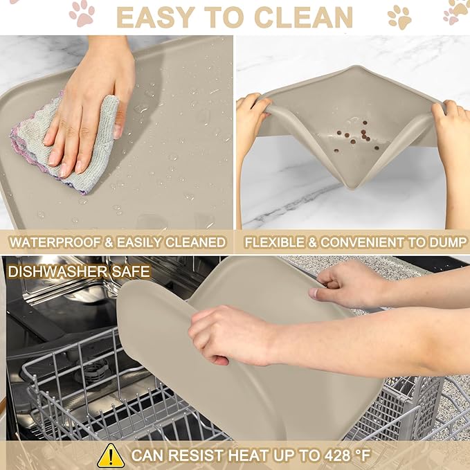Smilool Silicone Pet Food Mat with Raised Edge for Food and Water Bowl, Dog Feeding Mats, Cat Food Trays for Floor Waterproof, Rubber Tray for Dogs and Cats, 22 x 14 x 0.8 Beige