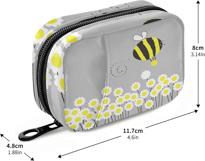 Cartoon Daisy Bee Pill Box 7 Day Pill Case Travel Pill Organizer Bag with Zipper Portable Weekly Case Compact Size for Vitamin Supplement Holder