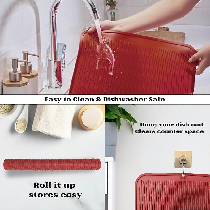 ZLR Oversized Silicone Dish Drying Mat for Kitchen, 16"x18", Lava Red | Family-Size Drainboard for Pots & Pans, Thick 4mm No-Curl, Heat-Resistant Trivet to 450°F, Non-Slip, Rolls to Store
