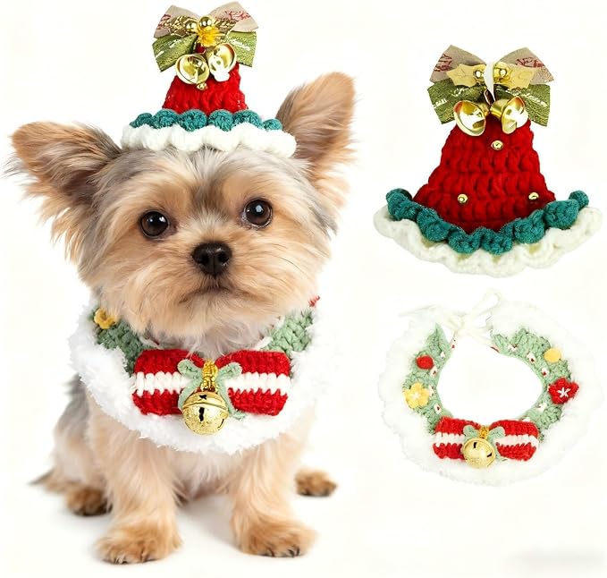 Christmas Dog Costume, Handmade Cat Holiday Outfit with Christmas Tree Hat & Wreath Scarf Set, Adjustable,Lightweight & Breathable,Pet Accessories for Rabbits Xmas Party & Photos