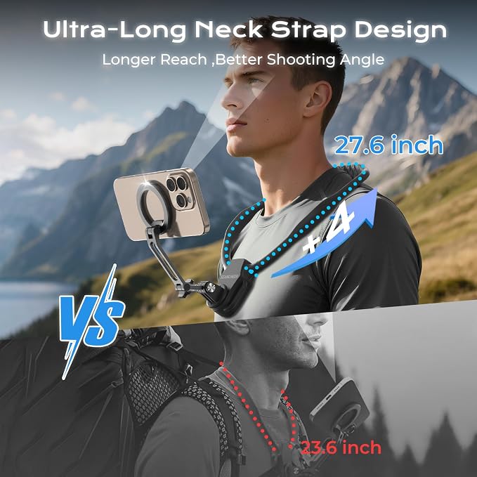 【2026 Extended Long】 Magnetic Neck Mount for Phones,Neck Phone Holder | 27.6"Hands Free Pov Phone Holder Chest Mount for iPhone17–12 & Android,Go Pro DJI,Camera Shoulder Supports