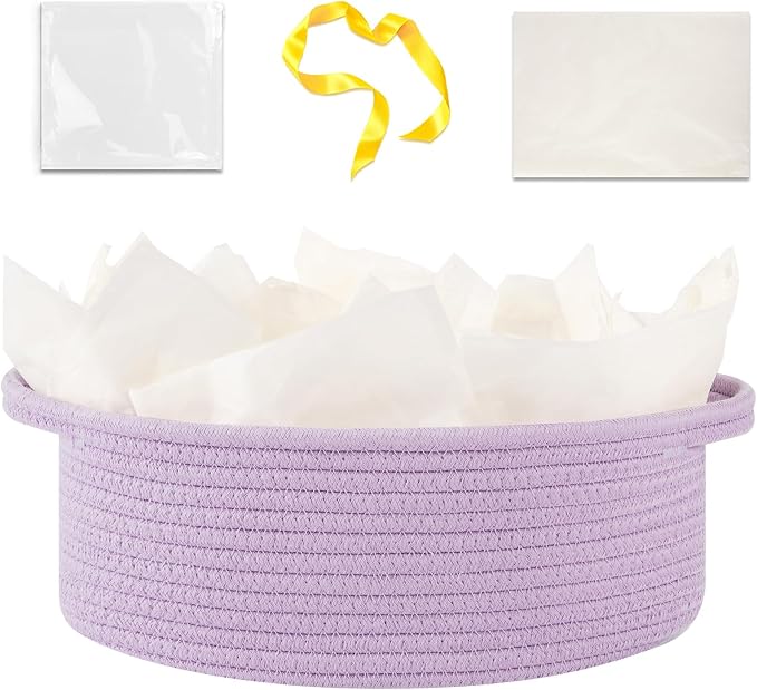 OIAHOMY Gift Basket with Handle, Small Woven Basket with Gift Bag，Ribbon and Wrap Tissue Paper，Nursery Bins Empty to Fill with Small Items, Baby，Pet Toy Organizer - Lilac Purple
