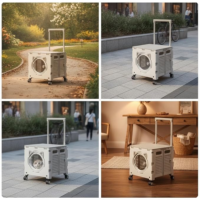 Almencla Outdoor Travel Cart Foldable Pet Trolley Carrier Crate with Adjustable Handle Heights and Smooth Casters with Front Transparent Window and Top Opening, Array, Khaki