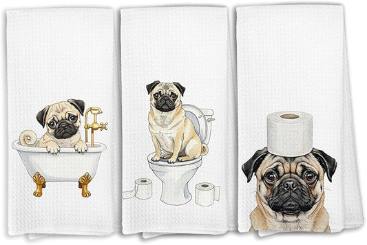 Pug Bathroom Towels, Funny Dog Bathroom Hand Towels Decorative Set of 3, Pug Dog Home Decor Gifts for Women