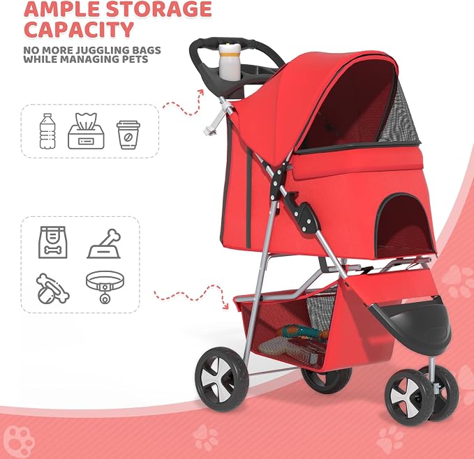 Magshion 3-Wheel Pet Stroller for Small/Medium Dogs & Cats, Up to 33lbs | Foldable Travel Jogger w/ Breathable Mesh Cover, Lightweight Design, Safety Tethers, Cup Holder & Storage Basket