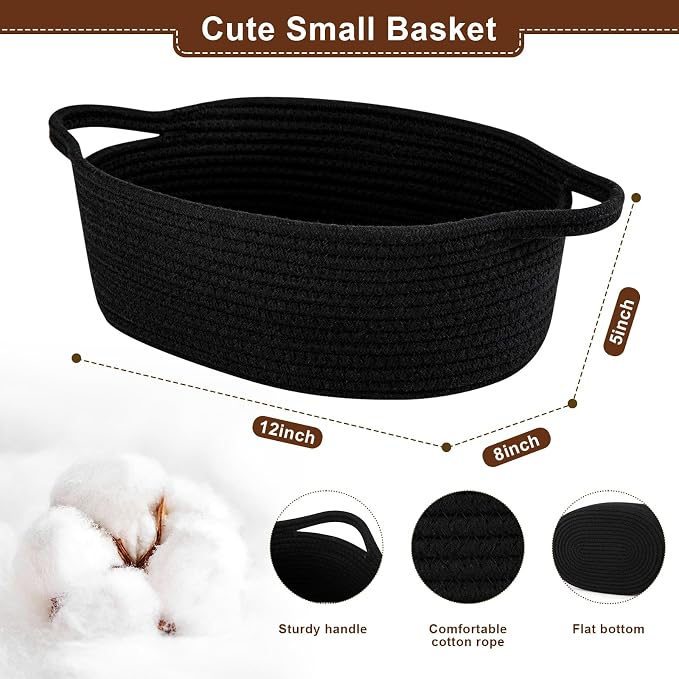 OIAHOMY Gift Basket with Handle, Small Woven Basket with Gift Bag, Ribbon and Wrap Tissue Paper, Nursery Bins Empty to Fill with Small Items, Baby, Pet Toy Organizer - Black