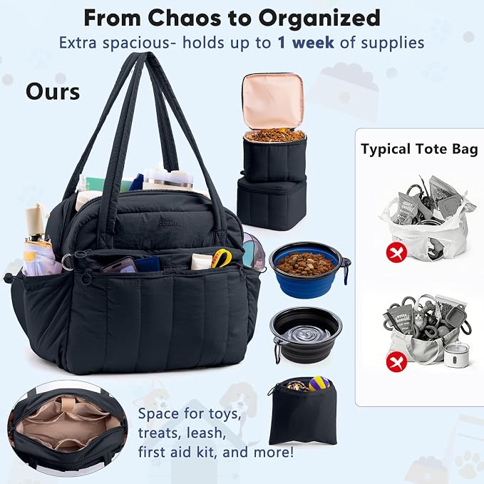 Dog Travel Bag for Supplies, Airline Approved Pet Travel Organizer with 2 Food Containers & Collapsible Bowls, Large Capacity Dogs Tote Bag for Weekend, Stylish Dog Mom Gift for Pet Lovers