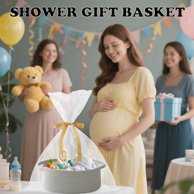 Grey Small Woven Rope Basket with Handles | Empty Gifts Basket with Bag and Ribbons, Cute Handle Organizer Box, Birthday/Baby Shower, Toy Storage