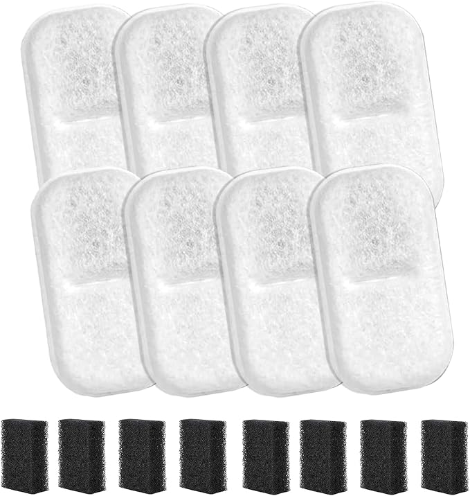 8 Pack Cat Water Filters Replacement for 108Oz/3.2L & 67Oz/2L Stainless Steel Pet Water Dispenser, Cat/Dog Indoor Water Dispenser Fountain for Most Pet Water Fountains 8 Filters & 8 Sponges