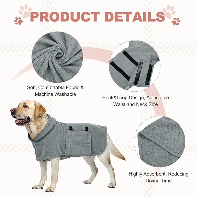 Dog Drying Coat, Dog Robes for After Bath Bathrobe Super Absorbent Towel Soft Adjustable, (XS, Gray), Intended for Fast Drying Warm Keeping Pet Cats Kitten Puppies