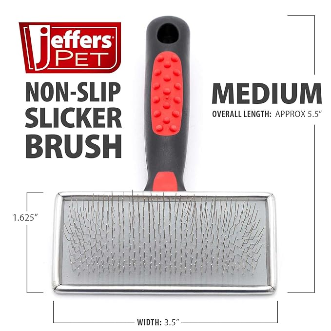 Jeffers Pet Non Slip Slicker Grooming Brush – Soft Flexible Pins, Red & Black Handle. Detangling Grooming Tool for Dogs & Cats w/Short, Long, Thick & Curly Coats, Easy Storage, Travel Size - Medium