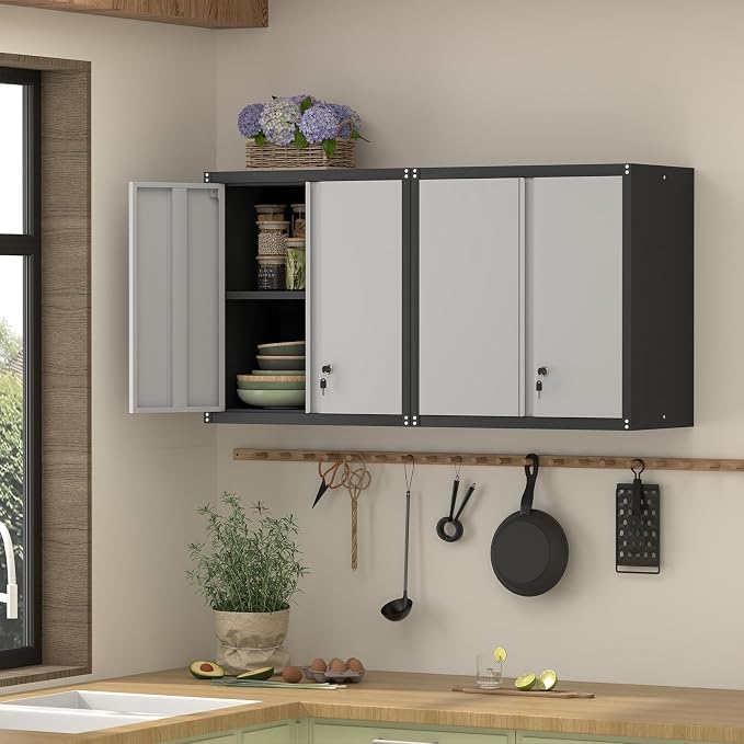 Locking Metal Wall Cabinet, 28" Metal Storage Cabinets with Doors and Shelf, Steel Garage Locker Mounted Small Tool Chest for Home Office, Kitchen, Pantry