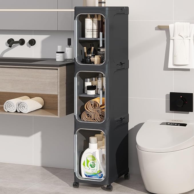 3 Tier Slim Bathroom Storage Cabinet, Foldable and Movable, Black | Tools Free, ABS and PET, Magnetic Clear Door, Adjustable Shelves, Lockable Wheels, Water Resistant, For Narrow Space
