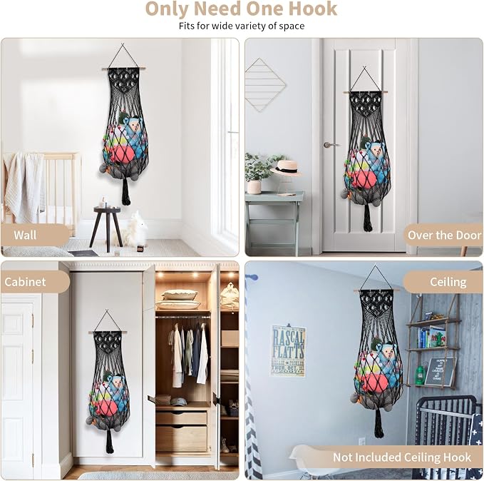 63Inch Stuffed Animal Storage Hammock Corner,Boho Plushie Net,Black | Wall Ceiling Over Door Hanging Hammock for Stuffed Animals,Macrame Stuffy Storage Holder w/Star Lights,Nursery Playroom Decor