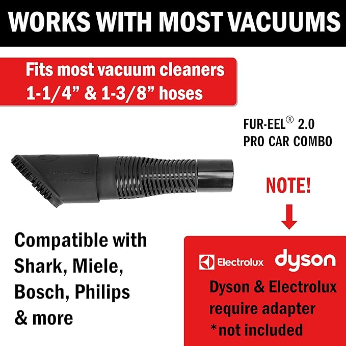 FUR-EEL Pet Hair Removal Vacuum Attachment for Car Detailing, 2.0 Pro Combo with 2 Replaceable Rubber Brush Heads, No Clog Airflow, Fits 1 1/4 and 1 3/8 in Hoses, 32mm and 35mm