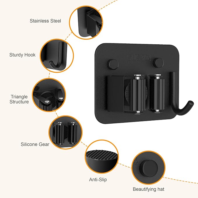 4 Pack Stainless Steel Heavy Duty Broom Holder Wall Mount with Hook, Black | Screw Drilling Broom and Mop Organizer Wall Hanging, Storage Rack for Laundry Garage Closet Garden Tool Organizer