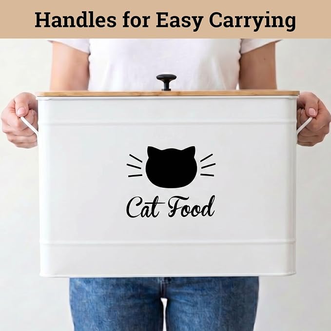 Metal Cat Food Container with Scoop, 15lb (50 Cup) w/ Airtight Bamboo Lid | 15 lb / 50 Cup Capacity, 1 Cup Metal Scoop, Durable Powder Coated Iron Body, Rubber Lined Bamboo Lid, Sturdy Metal Handles