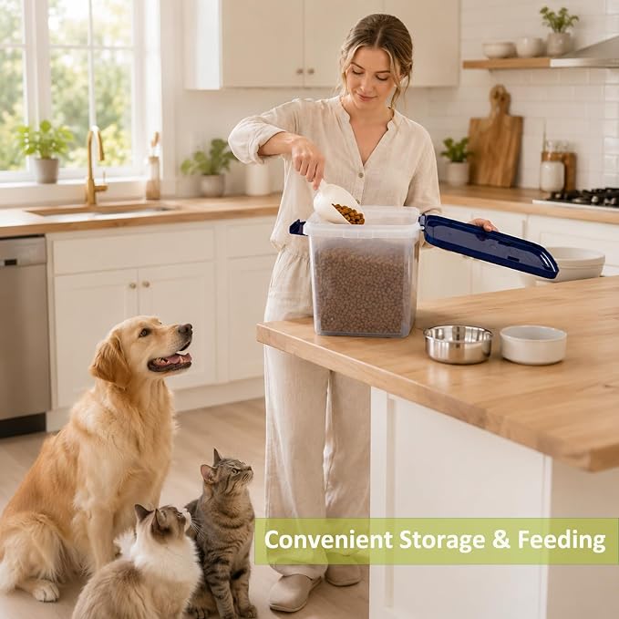 5-10 Lbs Airtight Cat Dog Food Storage Container, 8QT Compact Pet Food Bin | Plastic Food Container with Buckle-Lock Lid & Scoop for Dog, Cat, Bird Seed, Pet Food, Chicken, Dry Food, Rice, Cereal, Flour