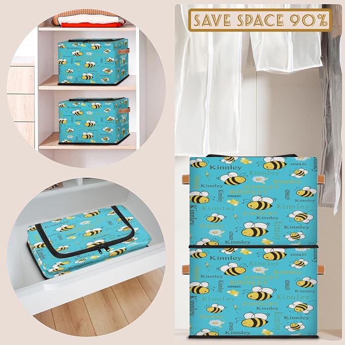 Personalized Storage Basket with Name, Cartoon Bee with Daisy Rectangle Toys Storage Bin with Zipper Lid for Baby, Boys, Girls, Collapsible Basket for Clothes, Books, Aqua Blue Background