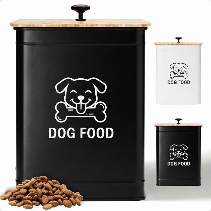 Metal Dog Food Container 5-7lb, 25 Cup w/ Airtight Bamboo Lid, Metal Handle | Pet Jar For Dogs up to 50lbs, Airtight Bamboo Lid, Sturdy Comfortable Metal Handle, Powder Coated Iron, Kibble Storage Bin