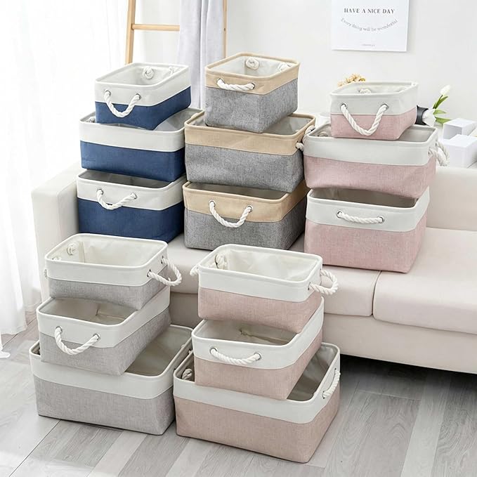 Pet Toy Storage Box Dog Toy Organizer Basket Personalized Large Capacity Collapsible Bin Two-Tone Linen Chest with Sturdy Handles for Living Room Pet Supplies Organizing (White Blue M)
