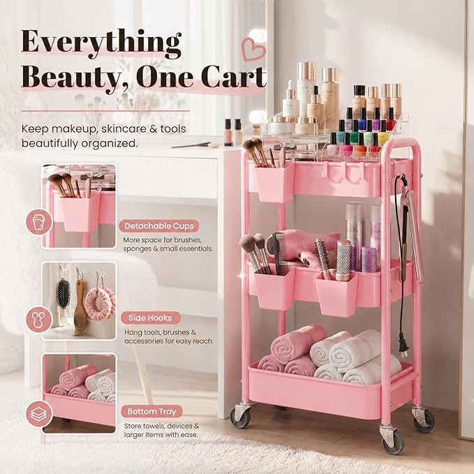 3 Tier Rolling Cart Metal with Lockable Wheels, Pink Three Tiered Diaper Caddy Cart Organizer on Wheels, Storage Utility Trolley Carts for Craft, Art, Nail, Lash, Baby Supplies, Cleaning, Mesh