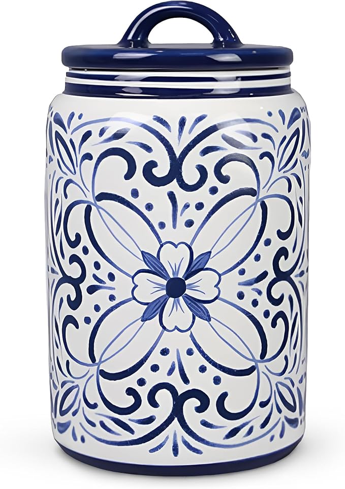 Young's Inc Ceramic Blue and White Talavera Treat Jar with Silcione Seal, 8 Inch Decorative Farmhouse Canister for Kitchen, Countertop, Storage Jar for Cookies, Tea, Sugar, Candy