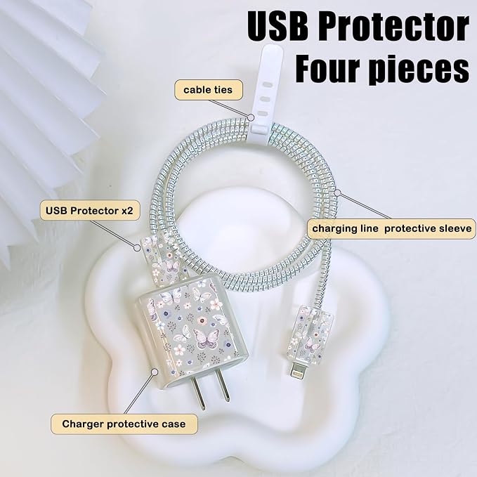 Cute Cable Protector for iPhone Apple Charger,Pretty Little Flowers Butterfly Design,Data Cable USB Case Cord Saver Phone Charger Protector for iPhone 11 12 13 14 Pro Max 7 8 Plus-Pink