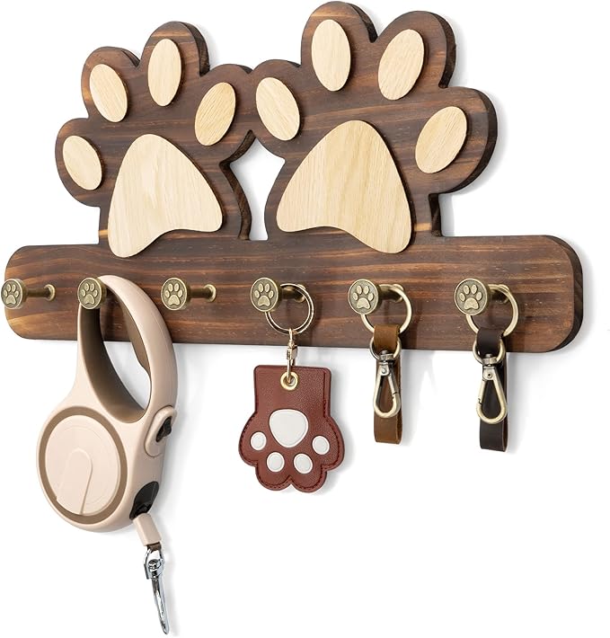 MTERSN Decorative Dog Leash for Wall with 6 Key Hooks for Entryway, Brown | Unique 3D Pet Claw Hooks, Leash Holder for Wall, Coat Rack for Hats & Wallets, Dog Accessories Organizer for Wall Decor